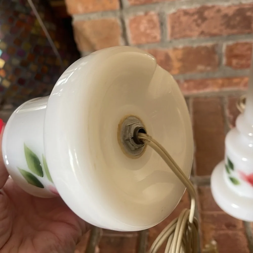 Vtg Milk Glass Hand Painted Floral Lamps Set of 2